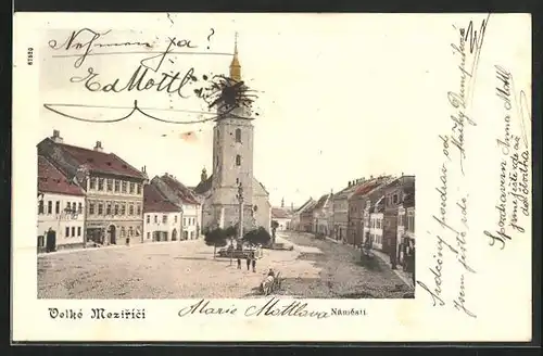 AK Velke Mezirici, Namesti, Kostel, Hotel