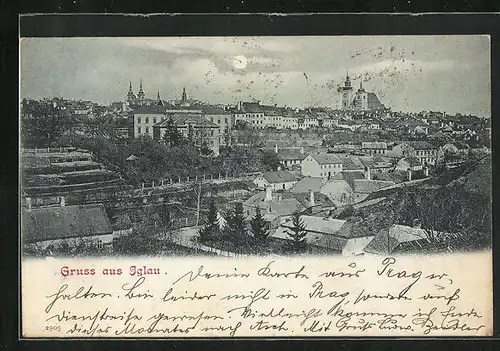 Mondschein-AK Iglau, Generalansicht der Stadt, Blick zu den Kirchtürmen