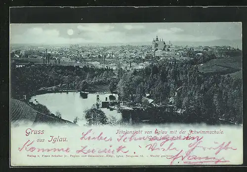 Mondschein-AK Iglau, Totalansicht der Stadt mit der Schwimmschule