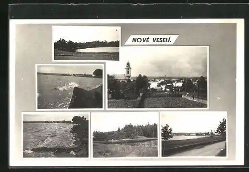 AK Nove Veseli, Blick zur Kirche im Ort, am Strand, Strasse und Waldpartie