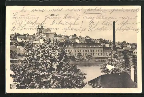 AK Iglau, Stadtansicht mit Blick zum Kirchturm und zur Fabrik