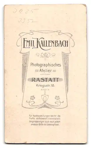 Fotografie Emil Kallenbach, Rastatt, Kriegstr. 18, Soldat in Uniform mit Schützenschnur Inf.-Rgt. 25