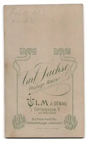 Fotografie Carl Sachse, Ulm a. D., Sattlergasse 6, Musiker in Uniform mit Schwalbennest Rgt. 13