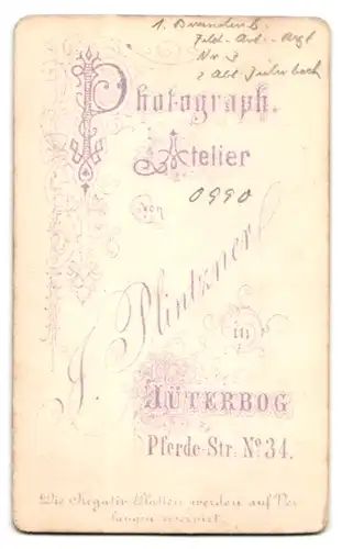 Fotografie J. Plintzner, Jüterbog, Pferdestr. 34, Arillerist in Uniform Feld-Art.-Rgt. 3