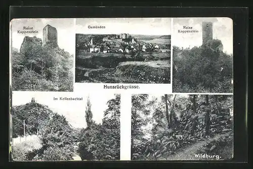 AK Gemünden, Ortsansicht, Ruine Koppenstein, Kellenbachtal, Wildburg