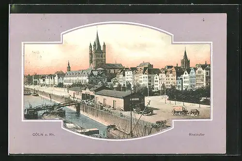 AK Köln, Partie am Rheinufer im Passepartoutrahmen