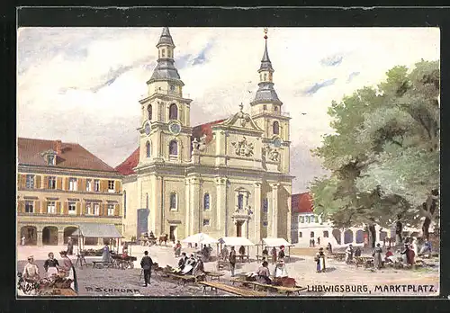 Künstler-AK Ludwigsburg, Passanten auf dem Marktplatz vor der Kirche