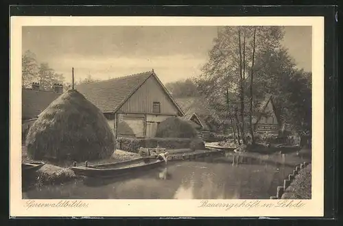 AK Lehde, Spreewald-Uferpartie am Bauerngehöft