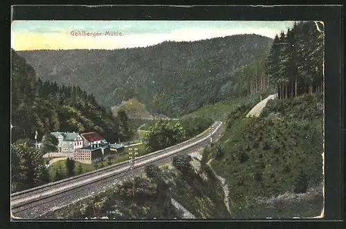 AK Gehlberg, Gasthaus Gehlberger Mühle an der Bahnstrecke