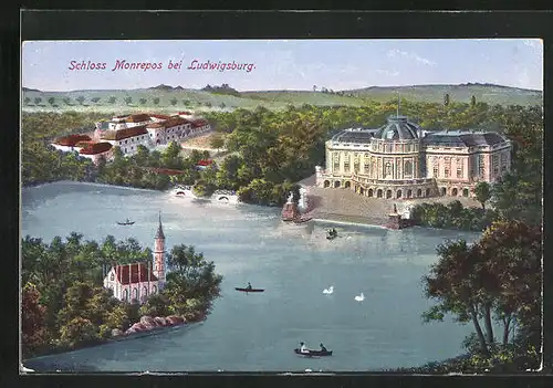 AK Ludwigsburg, Blick auf die Kirche und Schloss Monrepos am Waldrand