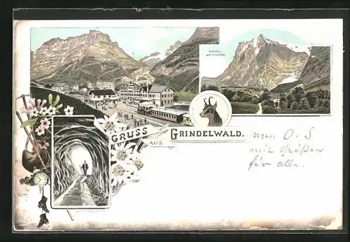 Lithographie Grindelwald, Teilansicht mit Bahnhof, Kirche und Wetterhorn, Gletscher Grotte