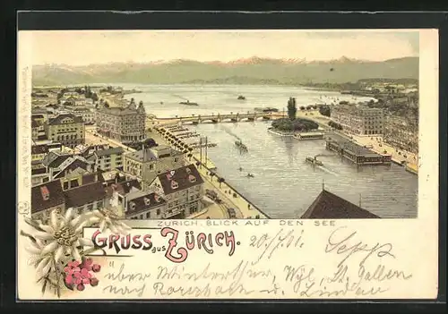 Lithographie Zürich, Blick auf den See