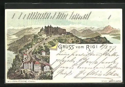 Lithographie Rigi, Hotels auf dem Rigi, Totalansicht