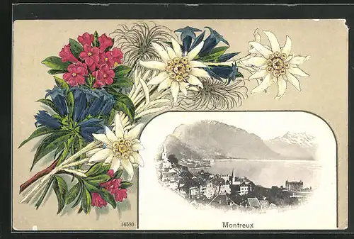 Präge-AK Montreux, Totalansicht, Edelweiss und Alpenblumen
