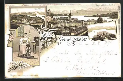 Vorläufer-Lithographie Vierwaldstätter-See, 1895, Rigi.Kulm, Luzern mit Blick auf die Alpen, Luzernerin am Spinnrad