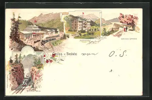 Lithographie Brünig, Kurhaus-Hotel, Bahnhof, Brünig-Bahn