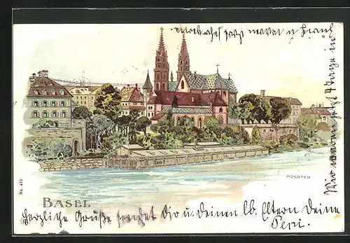 Lithographie Basel, Flusspartie am Münster