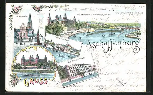 Lithographie Aschaffenburg, Kgl. Forstschule, Stiftskirche, Schloss