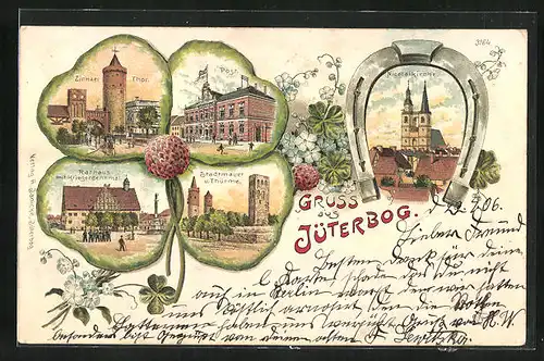 Passepartout-Lithographie Jüterbog, Zinnaer Thor, Post, Nicolaikirche, Kleeblatt