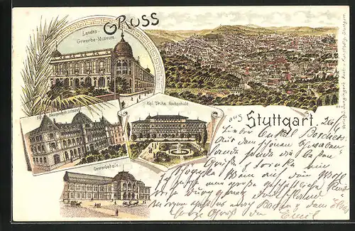 Lithographie Stuttgart, Kgl. Techn. Hochschule, Gewerbehalle, Landes-Gewerbe-Museum