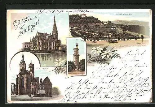 Lithographie Stuttgart, Stiftskirche, Bopserbrunnen, Aussichtsturm bei Degerloch