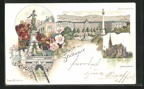 Lithographie Stuttgart, Residenzschloss, Johanneskirche, Eugens-Brunnen