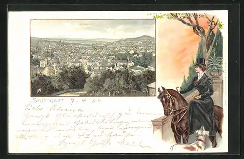 Passepartout-Lithographie Stuttgart, Totalansicht, Gutbetuchte Dame auf Pferd
