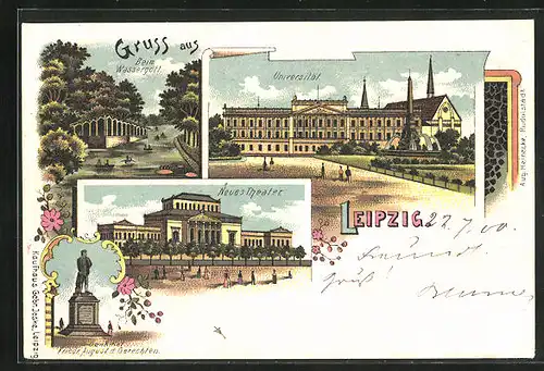 Lithographie Leipzig, Neues Theater, Beim Wassergott, Universität