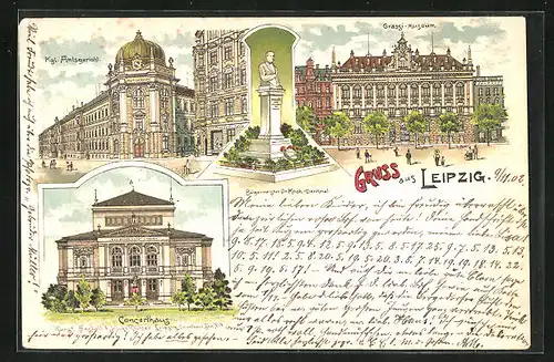 Lithographie Leipzig, Kgl. Amtsgericht, Grassi-Museum, Concerthaus