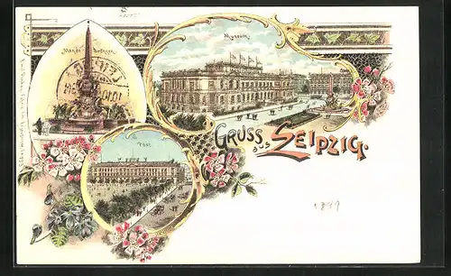 Lithographie Leipzig, Mende-Brunnen, Muesum, Post