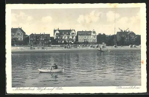 AK Wyk /Föhr, Ruderboot und Lastenkahn vor Stranpromenade