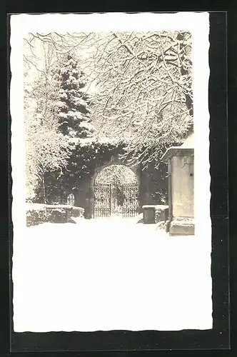 Foto-AK Heidelberg, An der Schlossruine im Schnee, ca. 1930