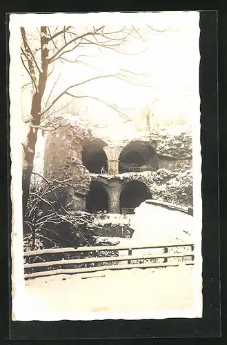 Foto-AK Heidelberg, An der verschneiten Schlossruine, ca. 1930