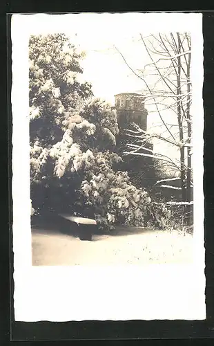 Foto-AK Heidelberg, An der verschneiten Schlossruine, ca. 1930