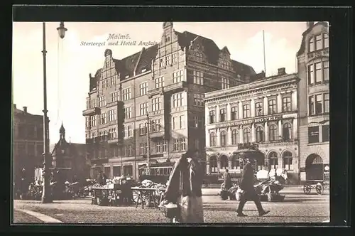 AK Malmö, Stortorget med Hotell Anglais, Strassenbahn