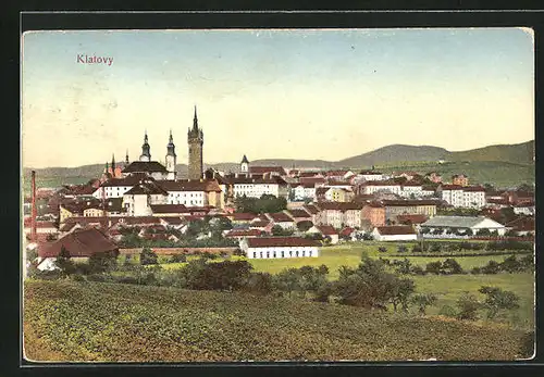 AK Klatovy, Panorama mit Häusern und Kirchturm