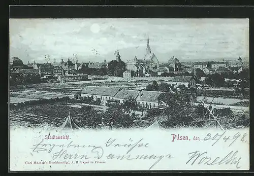 Mondschein-AK Pilsen, Stadtansicht