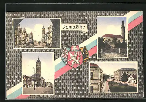 AK Domazlice, Kirche, Strassenpartie mit Turm, Strassenpartie durch Tor