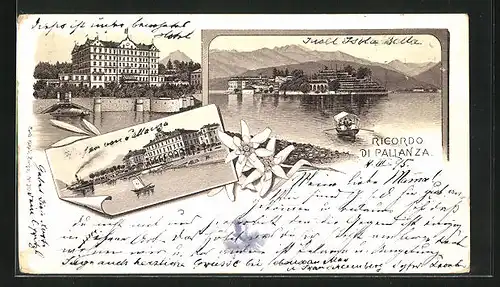 Vorläufer-Lithographie Pallanza, 1895, Hotel, Insel mit Fähre, Uferpartie
