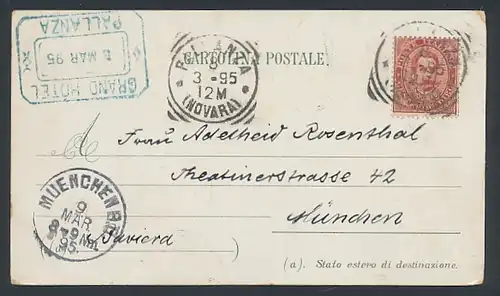 Vorläufer-Lithographie Pallanza, 1895, Hotel, Insel mit Fähre, Uferpartie