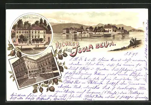 Lithographie Isola Bella, Hotel du Dauphin, Palazzo Borromeo, Totalansicht