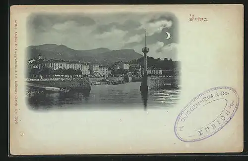 Mondschein-AK Intra, Uferpartie gegen Gebirge