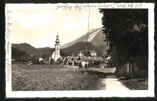 AK Grossgmain, Ortsansicht und Alpen vom Wegesrand