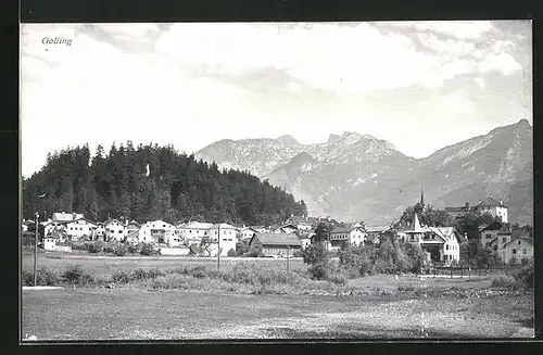 AK Golling, Blick auf Gebäude und Alpen