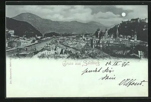 Mondschein-AK Salzburg, Flusspartie mit Stadt und Alpen