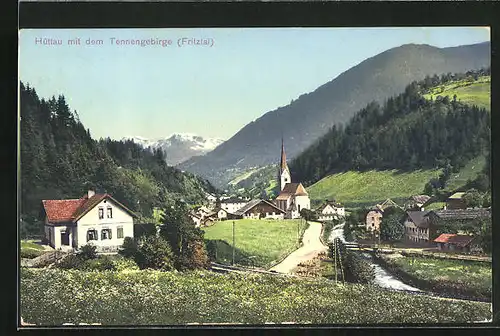 AK Hüttau, Blick in das Fritztal mit Tennengebirge, Kirchturm