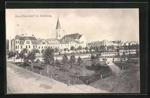 AK Neu-Oberndorf b. Salzburg, Blick auf Park & Kirche