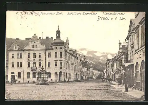 AK Brauck a. d. Mur, Gasthof, K. k. Post- und Telegrafenamt und Städtische Sparkasse in der Bismarkstrasse