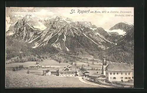 AK St. Rupert am Kulm, Ortspartie mit Kirche, Scheichenspitze und Sinabella
