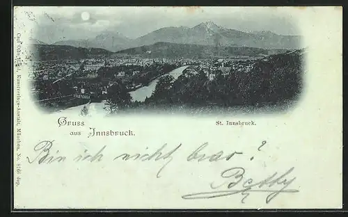 Mondschein-AK Innsbruck, Totalansicht mit Gebirgspanorama
